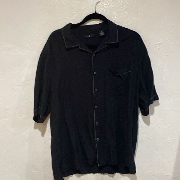 100% Silk 6A by Exist  Black button down short sleeve shirt Size XL - Picture 1 of 6